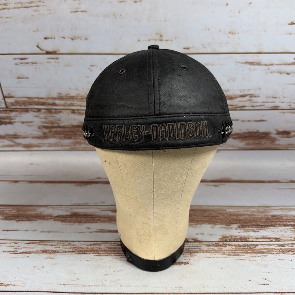 Vintage Harley-Davidson Black Leather Skull Cap Beanie Hat Stitched